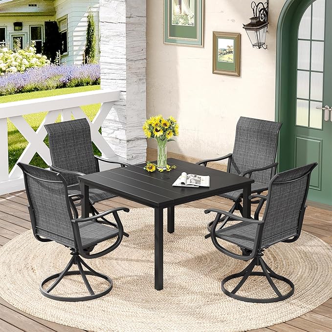DIFY 5 Pieces Outdoor Patio Dining Set for 4, 40.2" Black Metal Square Dining Table and 4 Dark Grey Textilene Swivel Dining Chairs, Outdoor Table and Chairs