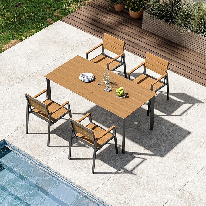 Outdoor Patio Dining Sets, Aluminum&HDPE 5 Piece Dining Table Set with Umbrella Hole, Modern Rectangular Patio Furniture Set with All-Weather Table and 4 Chairs (Gray & Teak)