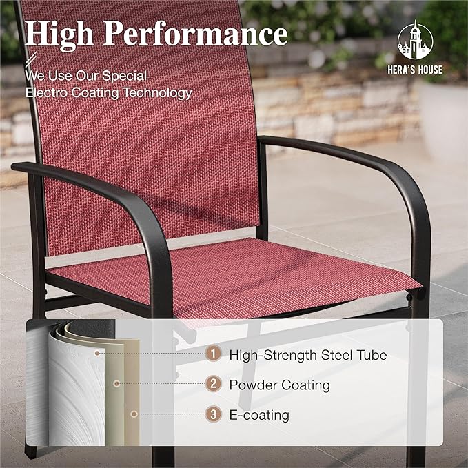 HERA'S HOUSE Outdoor Dining Chairs Set of 6, Patio Lawn 36" Textilene Fabric Chair with Wrought Iron Metal Frame Support 350lbs for Garden Backyard Lawn Kitchen, Red