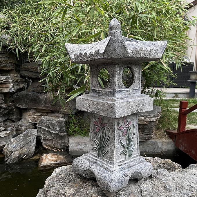 23.6’’High Asian Orchid Pagoda Statue Miniature Tower Lantern Garden Decoration Figurines Outdoor Japanese Decoration Zen Courtyard Landscape