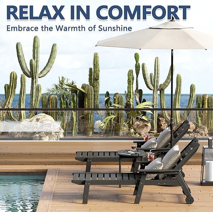 Patio Chaise Lounge Chair Set of 2, HDPE Outdoor Lounge Chairs with 5-Position Adjustable Backrest, Cup Holder and Wheels, 450lbs Capacity for Poolside Deck Backyard, All Weather Material(Gray)