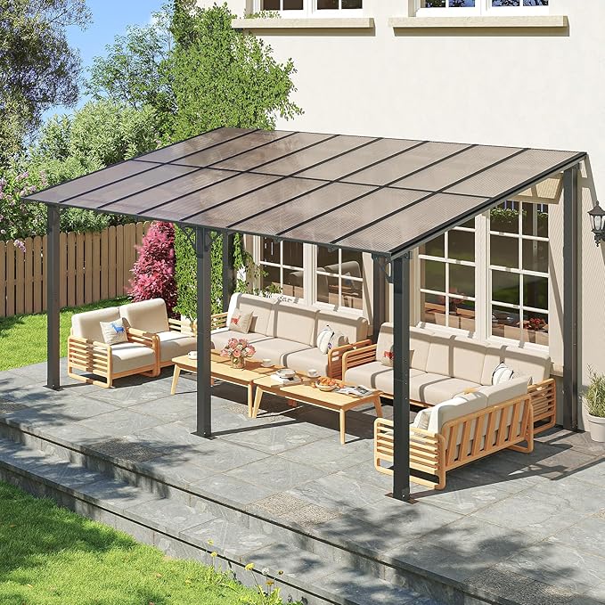 10x16FT Lean to Gazebo, Hardtop Metal Pergola with Polycarbonate Roof, Large Wall Mounted Heavy Duty Awnings, Patio Canopy for Backyard, Deck, Porch