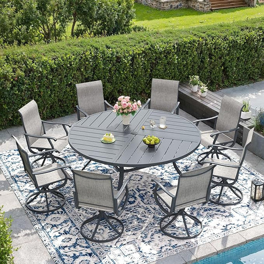 DIFY 9 Pieces Outdoor Patio Dining Set, 8 Grey Textilene Swivel Dining Chairs and 59.8" Grey Round Metal Dining Table, Outdoor Table and Chairs