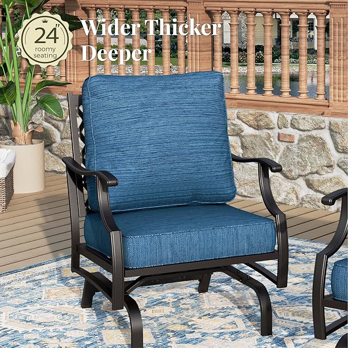 Patio Furniture Set 6 pcs, Outdoor Patio Furniture, 3-Seat Sofa, 2 Rocking Chairs, 2 Ottomans, Coffee Table and 5.75" Extra Thick Cushion, Conversation Set for Backyard Deck, Gemstone Blue