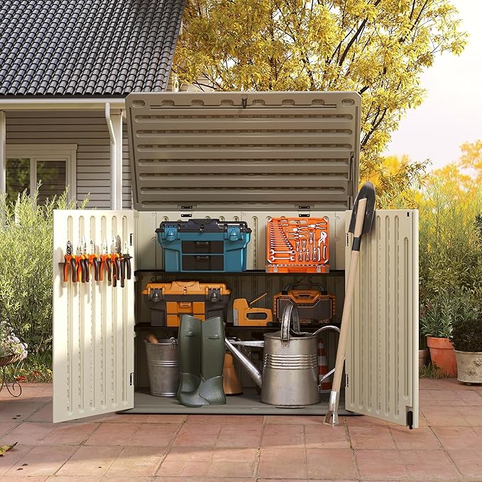 Horizontal Resin Storage Shed, 47 Cuft Garden Tool Sheds & Outdoor Storage, Outdoor Plastic Storage Cabinet Waterproof, 4.5 x 2.8 ft Backyard Outside Lawn Mower Storage Shed, Vanilla