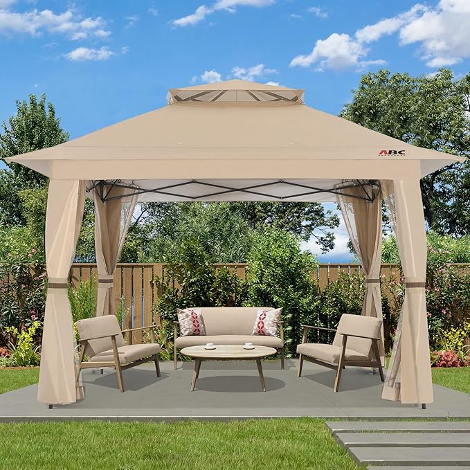 ABCCANOPY 13x13 Pop Up Gazebo, Outdoor Canopy Tent, Instant Screened Shelter with Mosquito Netting for Patio, Garden, Backyard, Party, Camping (Khaki)