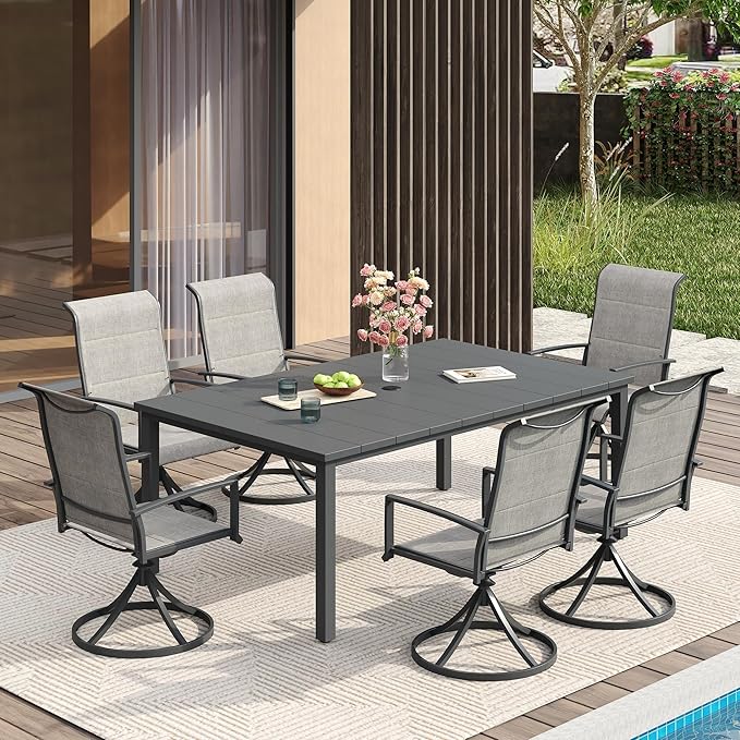 VICLLAX 7 Pieces Patio Dining Set, 6 Seats Outdoor Furniture Includes 63" Rectangle Outdoor Table and 6 Swivel Patio Chairs, Grey Tabletop and Fabric