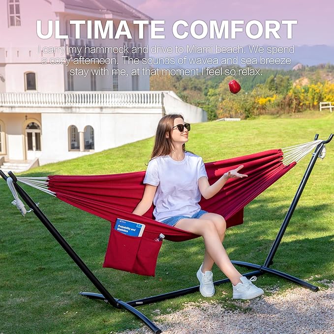 PNAEUT Double Hammocks with Stand for Outside, Portable Space Saving Heavy-Duty Steel Stand for Indoor Outdoor Patio with Carrying Bag, 450 lbs Capacity (Cherry)