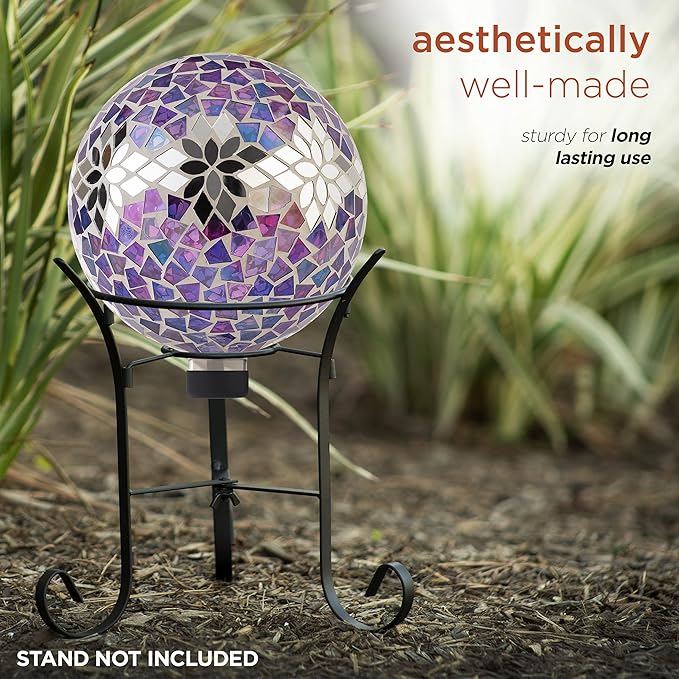 Alpine Corporation 10" Diameter Indoor/Outdoor Glass Mosaic Gazing Globe Yard Decoration, Purple Mosaic Flower Design