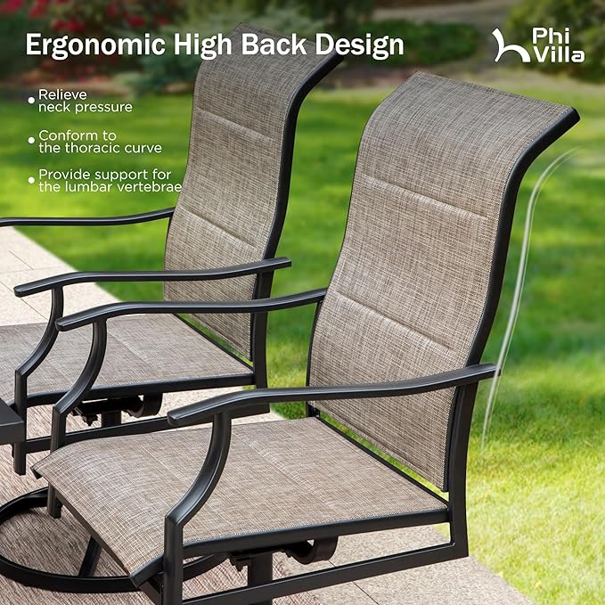 PHI VILLA 9 Pcs Patio Dining Set with Large Square Metal Dining Table & 8 High Back Padded Outdoor Swivel Dining Chairs, Outside Table Chair Furniture Dining Set for 8 Person