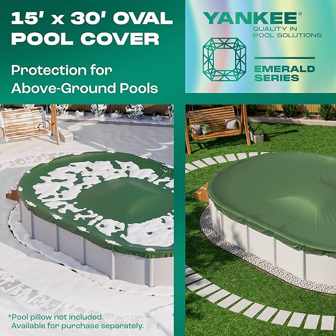 Yankee Emerald Series Pool Covers for Above Ground Pools | Oval 15x30 ft Swimming Pool Cover w/Steel-Core Cable, Winch for Winterization | 9 mil Medium-Thickness for Off-Season, On-Season Protection