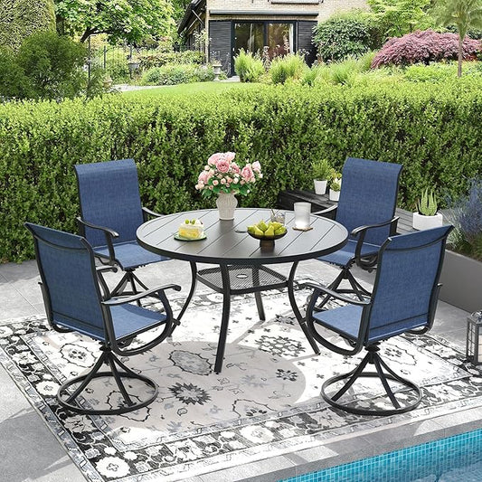 DIFY 5 Pieces Outdoor Patio Dining Set, 4 Blue Textilene Swivel Dining Chairs and 40.6" Black Round Dining Table, Metal Outdoor Table and Chairs