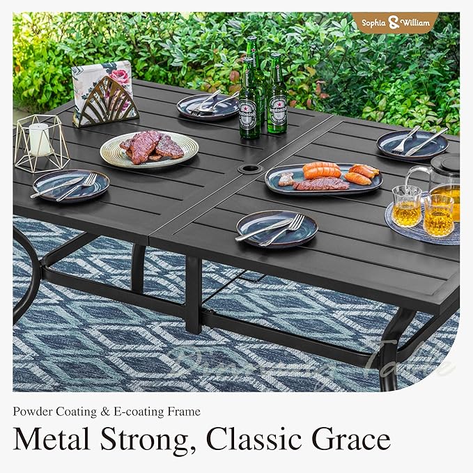 Sophia & William Patio Dining Set Metal Outdoor Table and Chairs Furniture Set 7 Piece, Large 60.2" Dining Table with Umbrella Hole and 6 Backyard Garden Chairs Support 300LBS for Deck, Lawn, Garden
