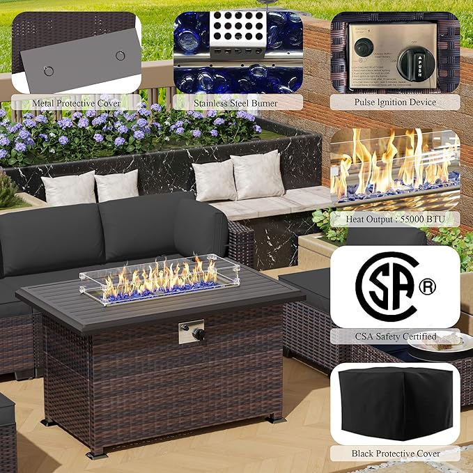 13 Pieces Outdoor Patio Furniture Set with Propane Fire Pit Table Outdoor Furniture Patio Sectional Sofa Conversation Sets w/ETL Approved 43" Gas Outdoor Fire Table & Coffee Table (Grey)