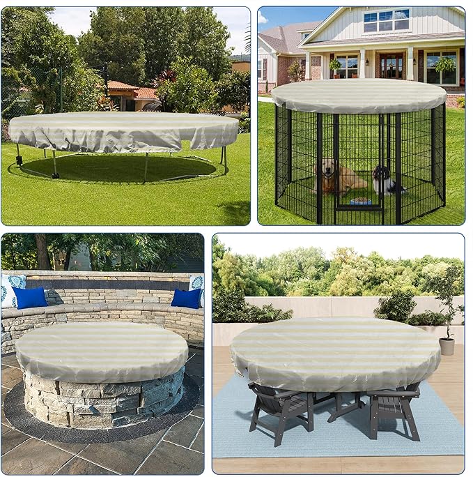 ECOOPTS 15 ft Round Pool Cover for Above Ground Pools, Swimming Pool Cover Protector Winter Safety Cover (Beige White Stripes)