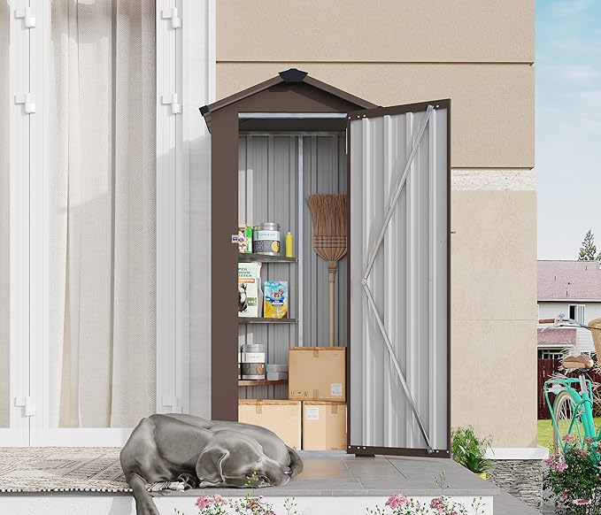 KEIKI Outdoor Storage Shed 2.5' x 1.4', Metal Tool Cabinet with Sloping Roof & Lockable Door, Small Top Tall Shed for Backyard, Garden, Patio, Lawn, Brown