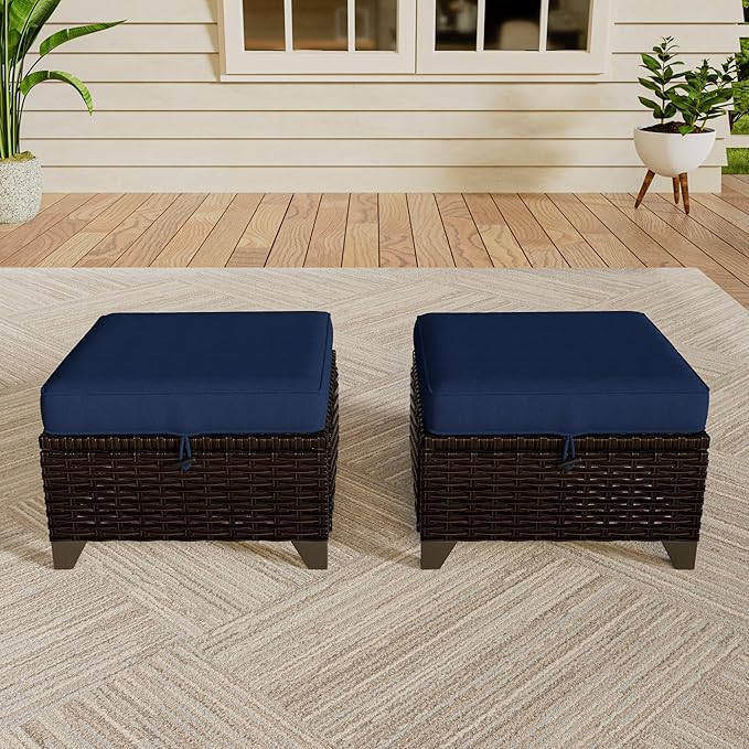 Vista Vibe 2 Pieces Patio Wicker Ottomans, Luxurious Footstools, Outdoor Small Footrest, Wicker Furniture with Removable Cushions,All-Weather PE Rattan, Garden, Backyard, Porch(Brown/Navy)