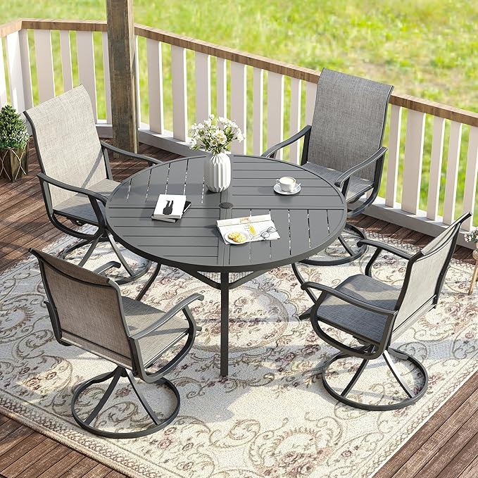 VICLLAX 5 Pieces Patio Dining Set for 4, Outdoor Furniture Set Includes 40.6" Square Outdoor Table and 4 Patio Swivel Chairs for Lawn Garden, Grey Tabletop and Grey Fabric