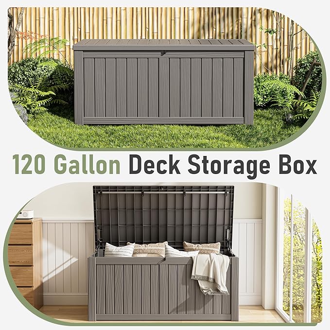 Outdoor Storage Box, Resin Deck Boxes Indoor and outdoor, Waterproof Storage Box Lockable Lid (Grey, 120 Gallon)