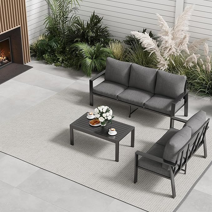 Aluminum Patio Furniture Set with Cushions 3-Piece Outdoor Sectional Metal Conversation Sofa Set with Coffee Table for Garden,Lawn,Backyard,Deck