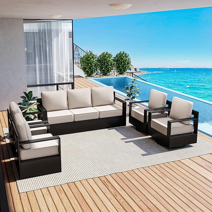 Outdoor Patio Furniture Set, 5-Piece Aluminum Patio Conversation Set All-Weather Metal Outdoor Sectional with 6 Inch Thick Cushions, Deep Setting for Garden, Outside and Porch