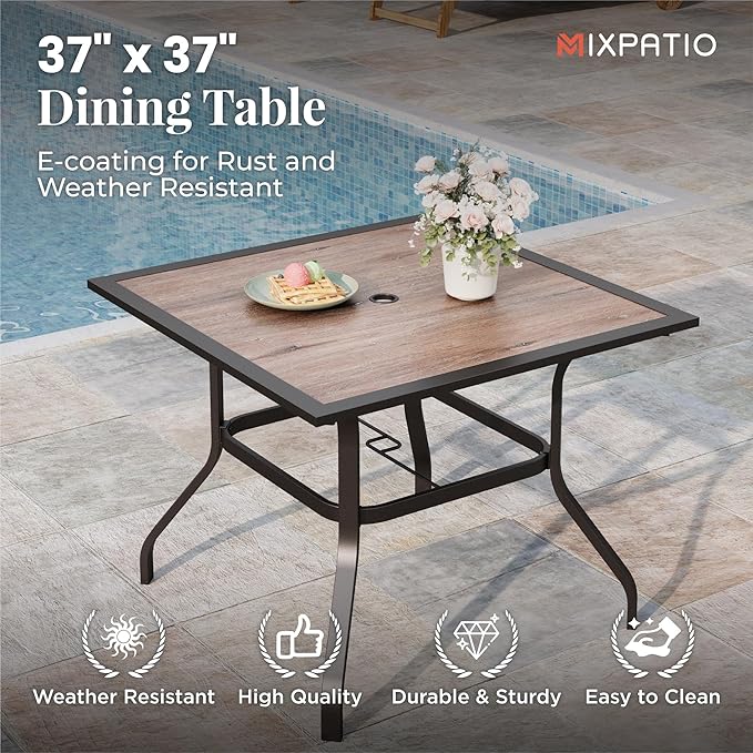 5 Pieces Patio Table and Chairs Set, 4 Person Outdoor Dining Furniture Set, 4 Brown Textilene Chairs and 37" Wood-Like Table Top Table with Umbrella Hole, for Deck Backyard Lawn