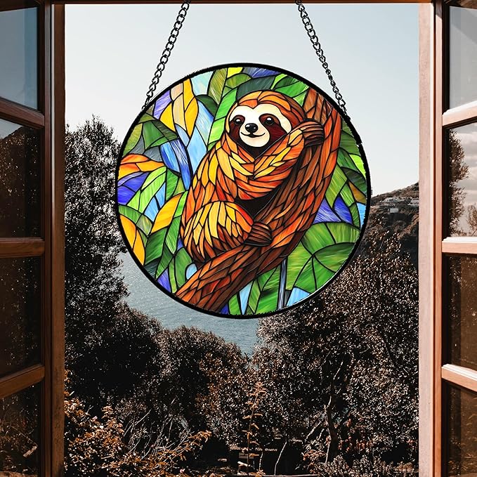 Stained Glass Window Hanging - Funny Sloth Suncatcher for Doors Garden Patio Cute Sun Catchers Decor Christmas Mother's Day Birthday Teenager Gifts for Women Men Mom Nana Friend 11.8 in