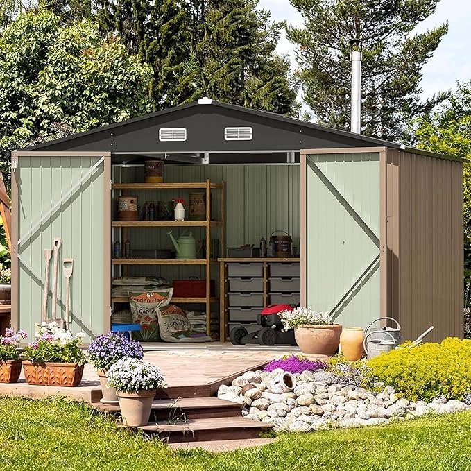 Furniwell 10x8 FT Outdoor Storage Shed, Metal Garden Sheds Outdoor Storage House with Single Lockable Door for Backyard Patio Lawn, Brown