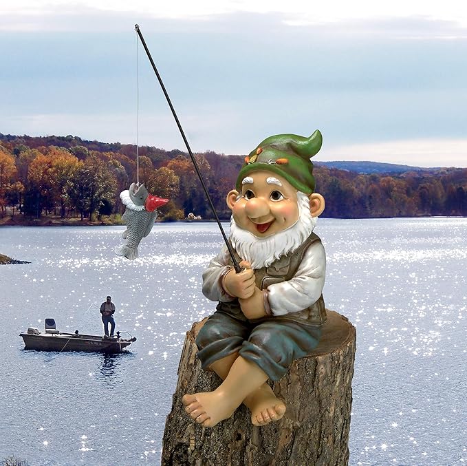 Design Toscano Ziggy with Fishing Pole Garden Gnome Indoor/Outdoor Shelf Sitter Statue, 9 Inch Tall, Cast Stone Resin, Full Color Finish