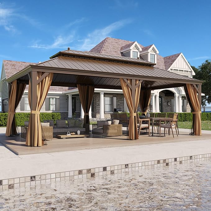 12' X 22' Hardtop Gazebo, Outdoor Galvanized Steel Double Roof Permanent Aluminum Frame Pavilion Pergola Canopy with Privacy Curtains for Garden, Patio, Backyard, Deck and Lawns.