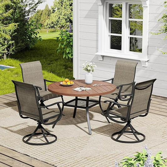 VICLLAX 5 Pieces Outdoor Dining Set, Patio Furniture Set of 4 Patio Swivel Dining Chairs and 40.6" Patio Spliced Round Tabletop with Storage Shelf, Mixed Brown Chairs & Walnut Tabletop