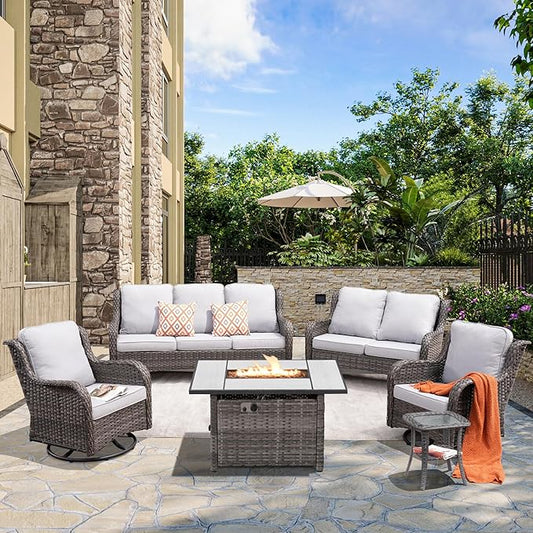 HOOOWOOO Patio Outdoor Furniture with Large Fire Pit Table,High Back 6 Piece Wicker Patio Conversation Set with Swivel Chairs,7 Person Couch Sofa Seating,Light Gray