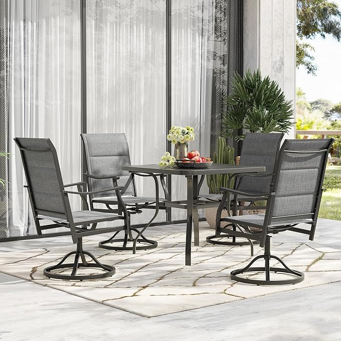 Swivel Patio Chairs Set of 6, Outdoor Patio Dining Chairs with Padded Textilene, Swivel & Rocker Metal Outdoor Dining Chairs All-Weather for Backyard, Grey Fabric with Black Frame