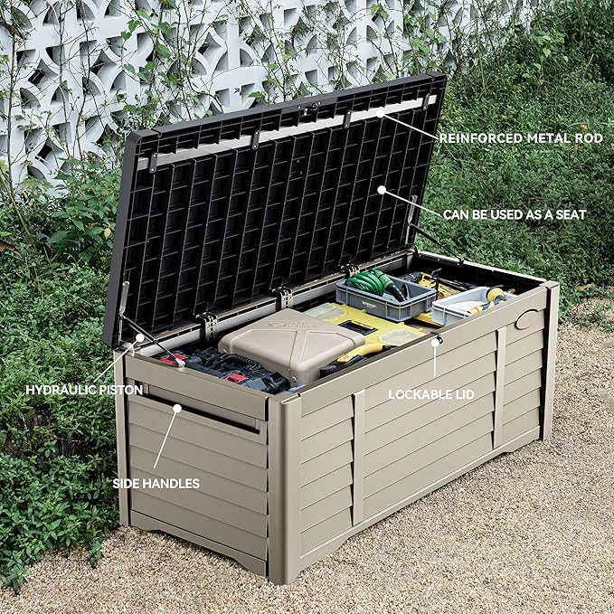 DWVO Outdoor Louver Storage Deck Box w/120 Gallon Capacity, Large Storage Box for Outdoor Pillows, Garden Tools and Pool Supplies, Resin, Waterproof, Lockable (Black & Brown)