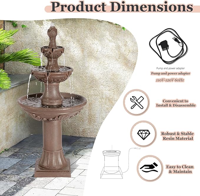 MAGIC UNION Outdoor Garden Water Fountains, 48.4''H Italian Style Fountain and Waterfall Outside, 3-Tier Large Bubbler Cascading Indoor Floor Fountain Features with Pump for Home Yard Decor (Brown)