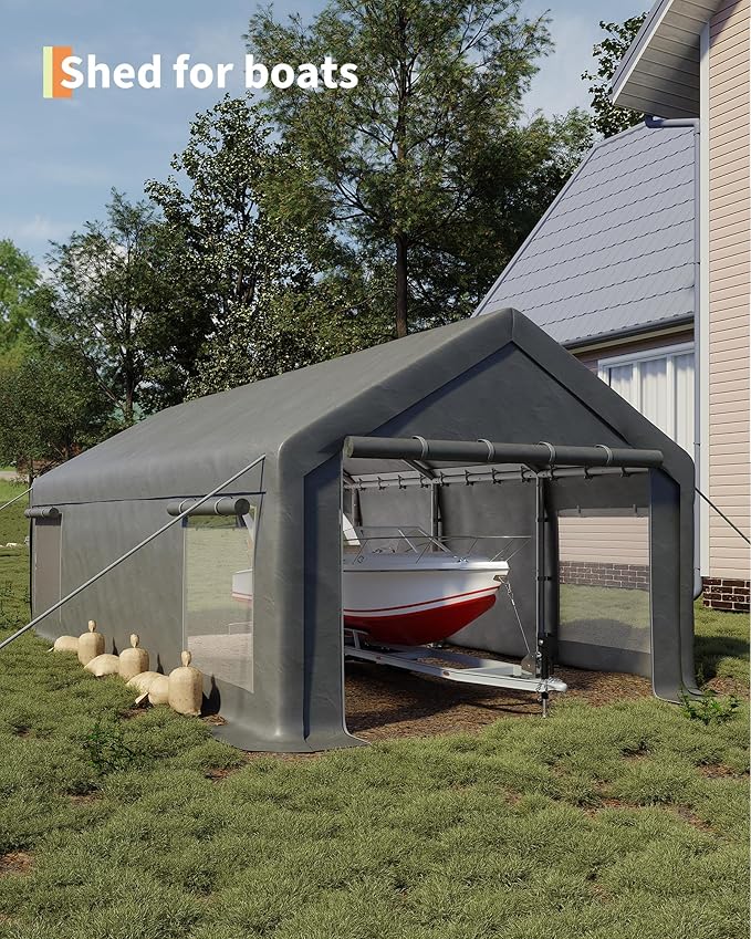 GarveeLife 13x25 ft Carport with 10 Sandbags, Car Port with 220 g PE Tarp, 2 Roll-Up Doors, and 4 Windows, for Full-Size Pickups, Bass Boats, Tractors, and SUVs, Gray