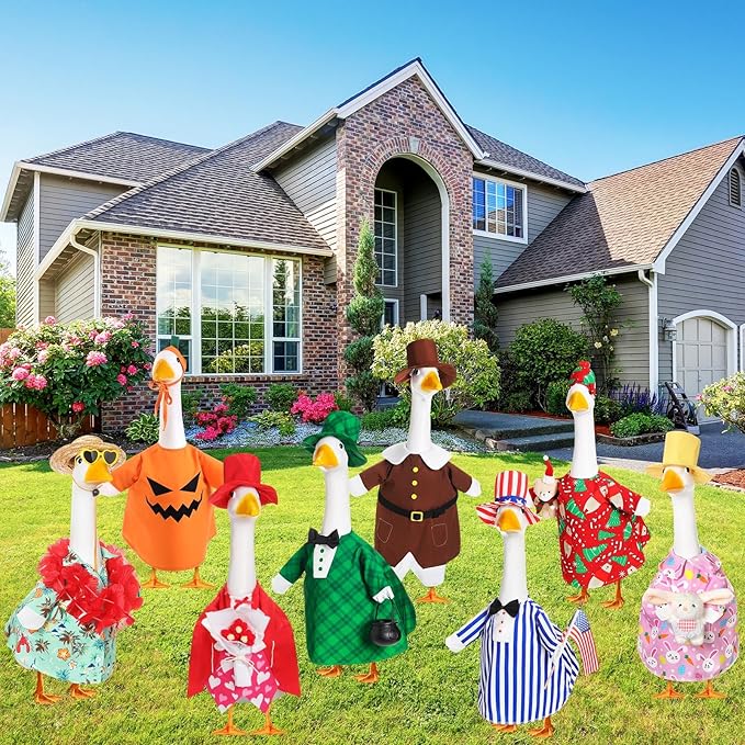 8 Set Seasonal Holiday Goose Outfits Fall Halloween Christmas Summer All Seasons Lawn Porch Goose Clothes Costume for 23" Cement Statue Garden Patio Outdoor Decoration(Boy Style)