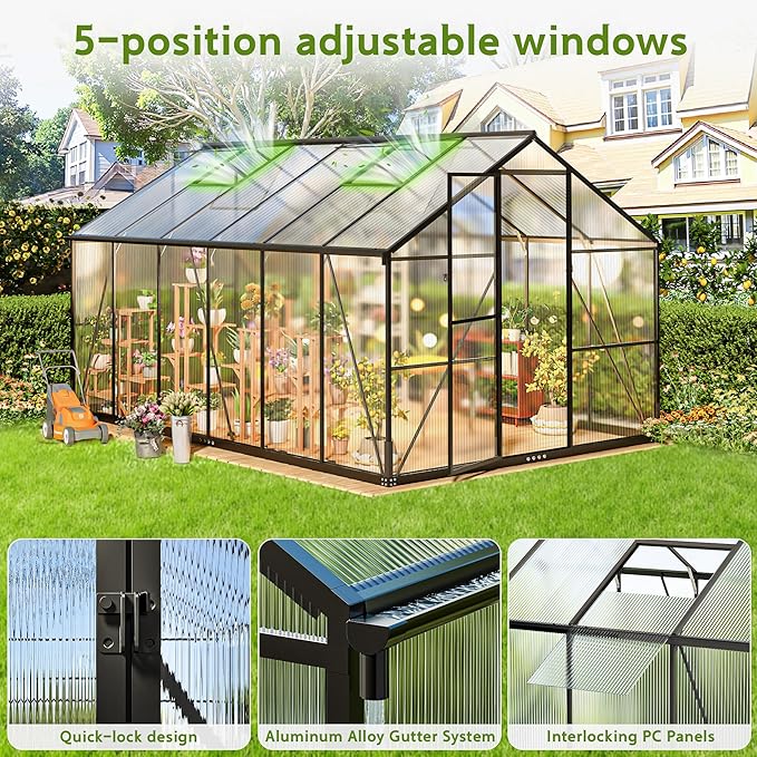 Wanan 12x8FT Greenhouses for Outdoors, Quick Assembly Polycarbonate Green House with UV Protection, Heavy Duty Windproof Aluminum Frame, Adjustable Roof Vent for Backyard or Outdoor Garden Use