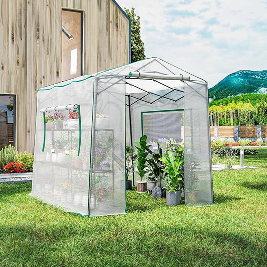 Joyside 8 x 6 FT Outdoor Pop up Greenhouse with Adjutable Reinforced Frame, Durable PE Cover and Mesh Windows, Portable Greenhouse for All Seasons, Easy Set Up (White, 8 x 6 FT)