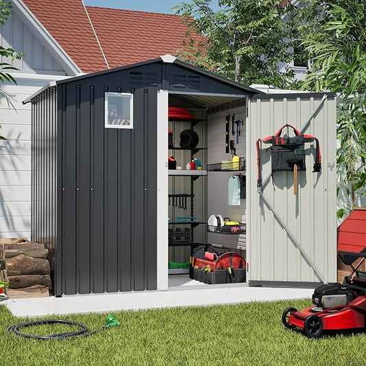 6x4 Ft Metal Outdoor Storage Shed with Window & Floor Base, 0.25mm Galvanized Steel Metal Garden Shed Waterproof with Lockable Door for Backyard, Patio, Garden, Dark Grey