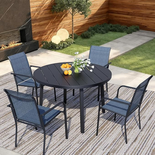 5 Pieces Round Dining Table Set for 4, Patio Dining Set Includes 4 Blue Stackable Patio Chairs and 1 Black Round Table, Patio Furniture Setss with Sling Support for Outside, Garden