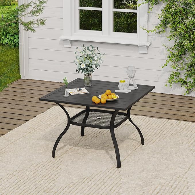 VICLLAX 5 Pieces Outdoor Dining Set, Patio Furniture Set of 4 Patio Swivel Dining Chairs and Square Patio Table with Storage Shelf, Mixed Brown Chairs & Black Tabletop