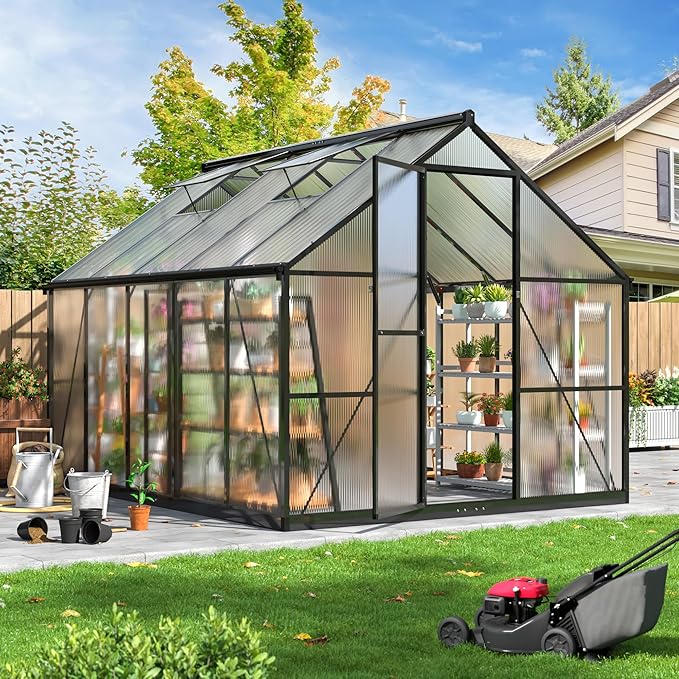 WKM 8x10 FT Greenhouse for Outdoors, Quick-fit Structure Green House with Window for Ventilation, Aluminum Greenhouses for Garden Backyard, Black