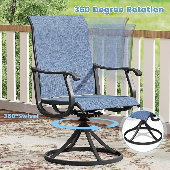 DIFY 3 Pieces Outdoor Patio Dining Set for 2, 27.6" Small Black Square Metal Dining Table and 2 Blue Textilene Swivel Dining Chairs, Outdoor Table and Chairs