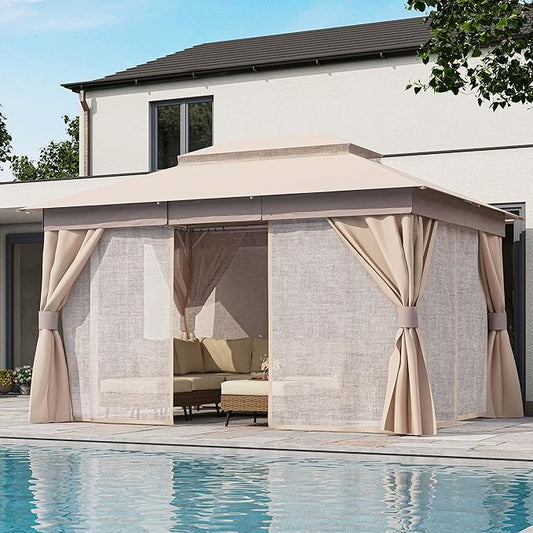 LAUSAINT HOME Outdoor Patio Gazebo 10'x13' with Expansion Bolts, Heavy Duty Gazebos Shelter Party Tent with Double Roofs, Mosquito Nets and Privacy Screens for Backyard, Garden, Lawn, Champagne Khaki
