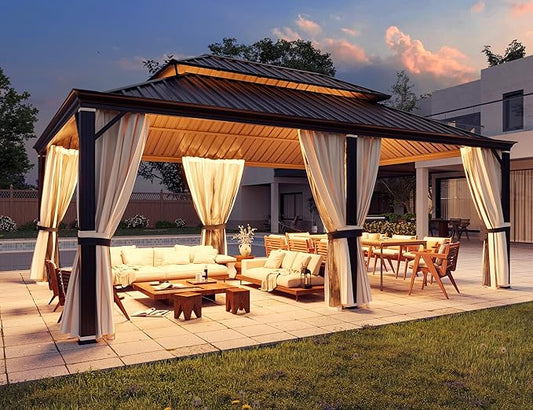 YOLENY 14' x 20' Gazebo, Galvanized Steel Double Roof Hardtop Gazebo with Aluminum Frame, Permanent Outdoor Metal Pavilion with Curtain and Netting for Patio, Lawn and Garden