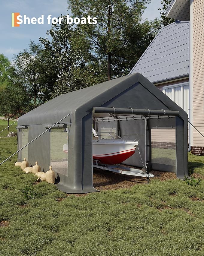 GarveeLife 13x20 ft Carport with 8 Sandbags, Car Port with 220 g PE Tarp, 2 Roll-Up Doors, and 4 Windows, for Full-Size Pickups, Bass Boats, Tractors, and SUVs, Gray