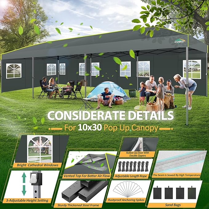 COBIZI 10x30 Pop Up Canopy Tent with Sidewalls One Push Outdoor Wedding Event Tent UPF 50+ Waterproof Gazebo with Air Vent, Tents for Party, Wheeled Bag, Sandbag, Stake, Rope, Grey