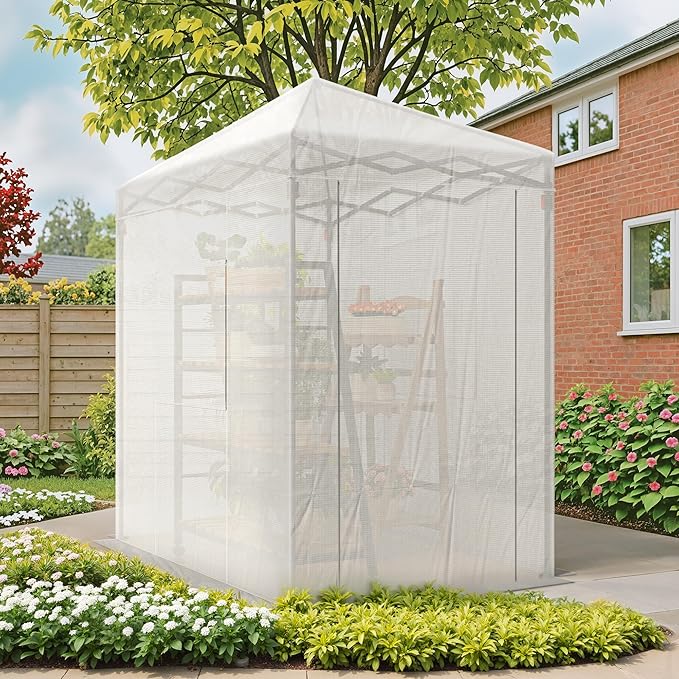 Devoko Walk-in Greenhouse, Portable Pop-in Green House with Zippered Door and 2 Roll-up Windows and PE Cover, Portable and Easy Assemble (White, 6x4 Feet)