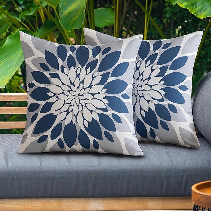 Qahing Pack of 4 Outdoor Waterproof Pillow Covers 18x18 Decorative Outdoor Throw Pillows Garden Square Cases for Patio Furniture, Couch, Tent Sunbrella, Bench, Blue Grey